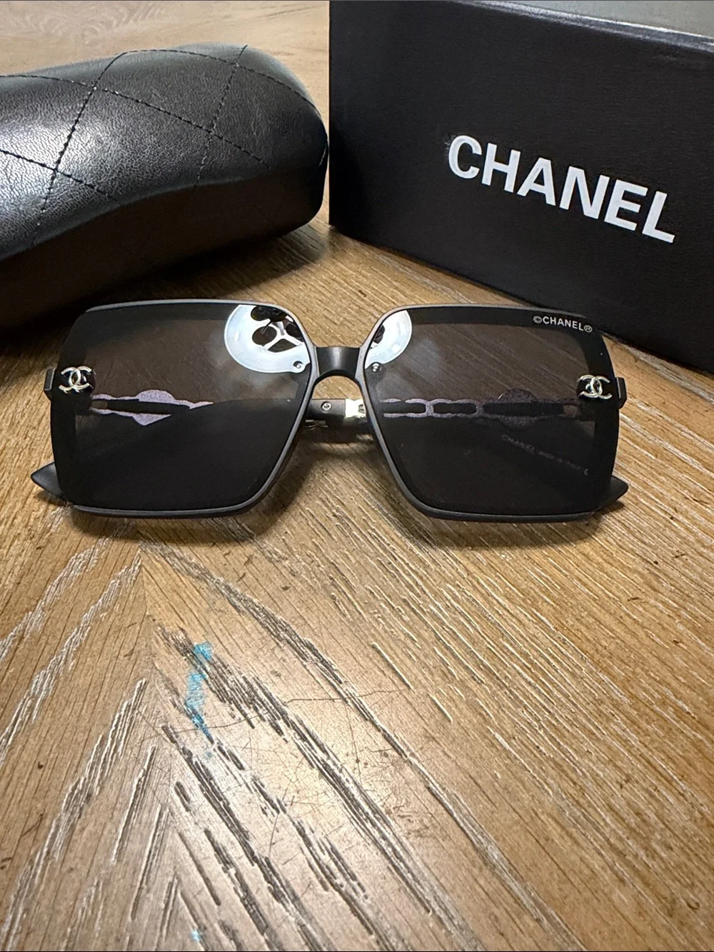 CHANEL Black Square Oversized Sunglasses with Silver CC Temples